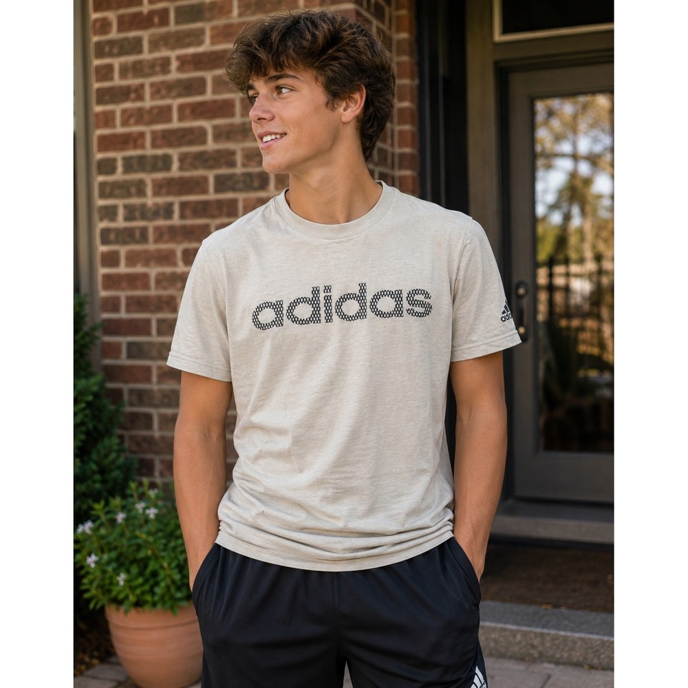 Adidas‎ The Go-To Performance Tee Climalite Heather Tan Graphic Gym Shirt Sz M